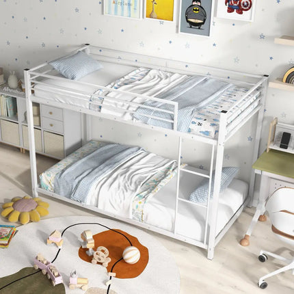Low Profile Twin Over Twin Metal Bunk Bed with Full-length Guardrails-White - White - Bunk Bed Frame