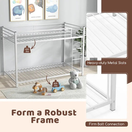 Low Profile Twin Over Twin Metal Bunk Bed with Full-length Guardrails-White - White - Bunk Bed Frame