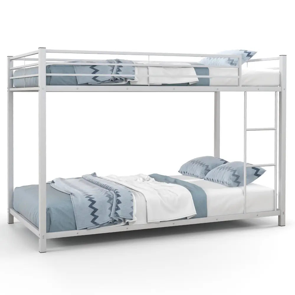 Low Profile Twin Over Twin Metal Bunk Bed with Full-length Guardrails-White - White - Bunk Bed Frame