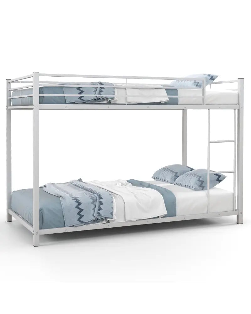 Low Profile Twin Over Twin Metal Bunk Bed with Full-length Guardrails-White - White - Bunk Bed Frame