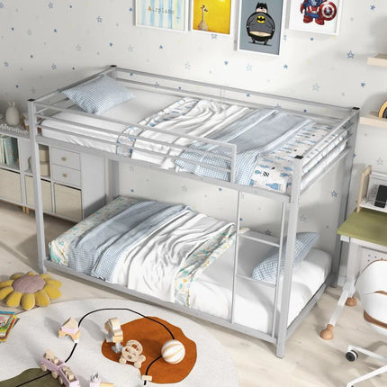 Low Profile Twin Over Twin Metal Bunk Bed with Full-length Guardrails-Silver - Silver - Bunk Bed Frame