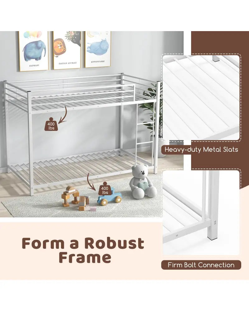 Low Profile Twin Over Twin Metal Bunk Bed with Full-length Guardrails-White - White - Bunk Bed Frame