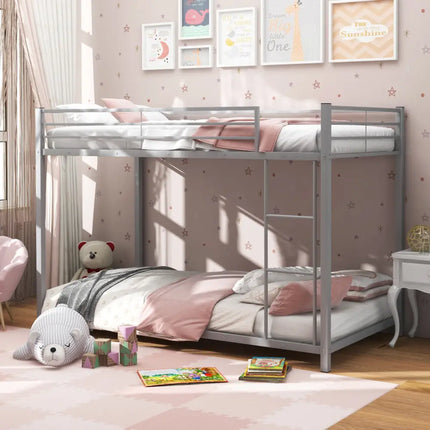 Low Profile Twin Over Twin Metal Bunk Bed with Full-length Guardrails-Silver - Silver - Bunk Bed Frame