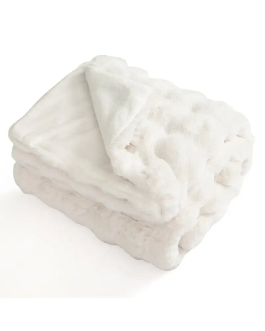 Luxury Fuzzy Plush Rabbit Fur Bubble Blanket for Armchair-White - White - Bedding