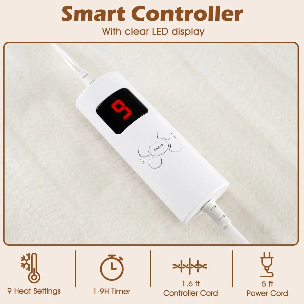 Machine Washable Electric Bed Warmer with Dual Controller 9 Heat Setting and 9-Hour Auto Off and Overheat