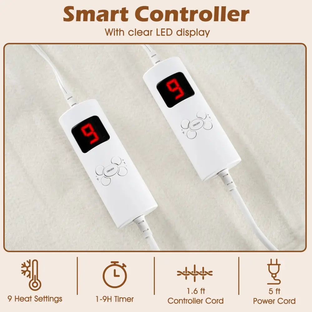Machine Washable Electric Bed Warmer with Dual Controller 9 Heat Setting and 9-Hour Auto Off and Overheat