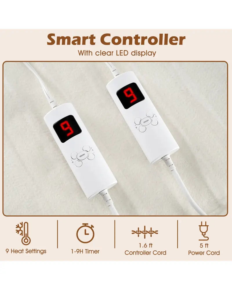 Machine Washable Electric Bed Warmer with Dual Controller 9 Heat Setting and 9-Hour Auto Off and Overheat