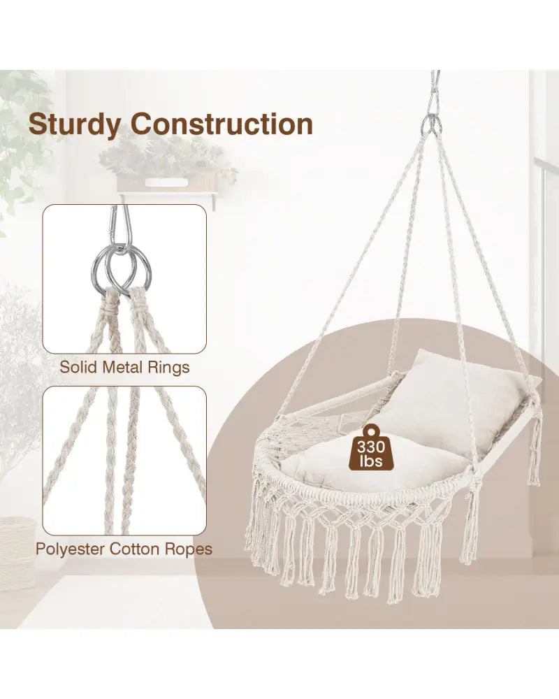 Macrame Swing Chair Hammock Chair with 2 Removable Cushions-Beige - Beige - Hammocks