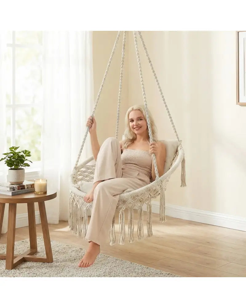 Macrame Swing Chair Hammock Chair with 2 Removable Cushions-Beige - Beige - Hammocks