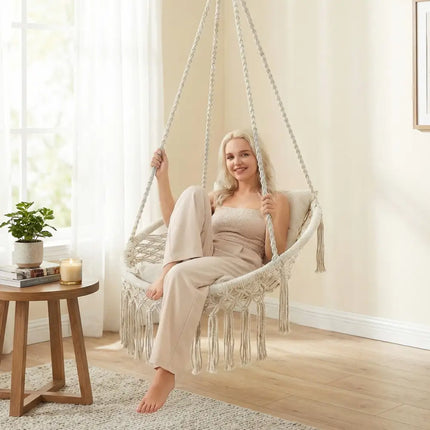 Macrame Swing Chair Hammock Chair with 2 Removable Cushions-Beige - Beige - Hammocks