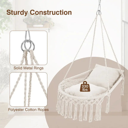 Macrame Swing Chair Hammock Chair with 2 Removable Cushions-Beige - Beige - Hammocks