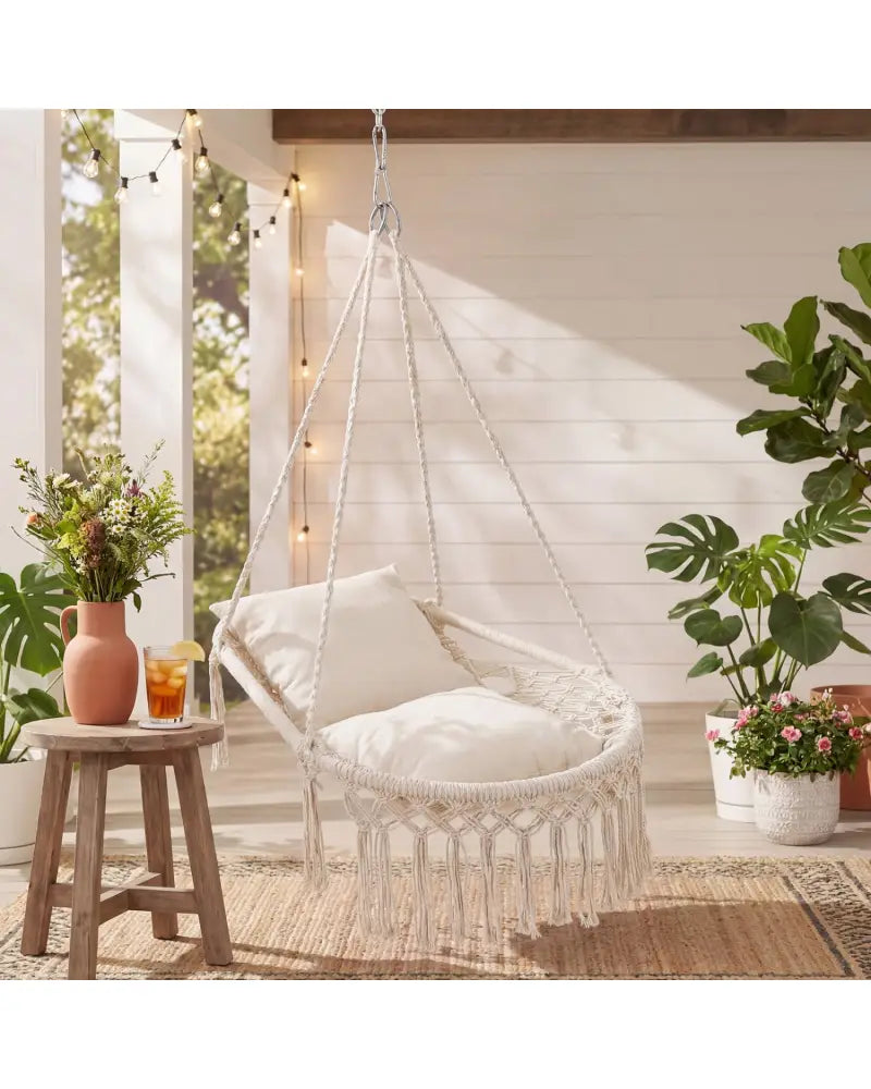 Macrame Swing Chair Hammock Chair with 2 Removable Cushions-Beige - Beige - Hammocks