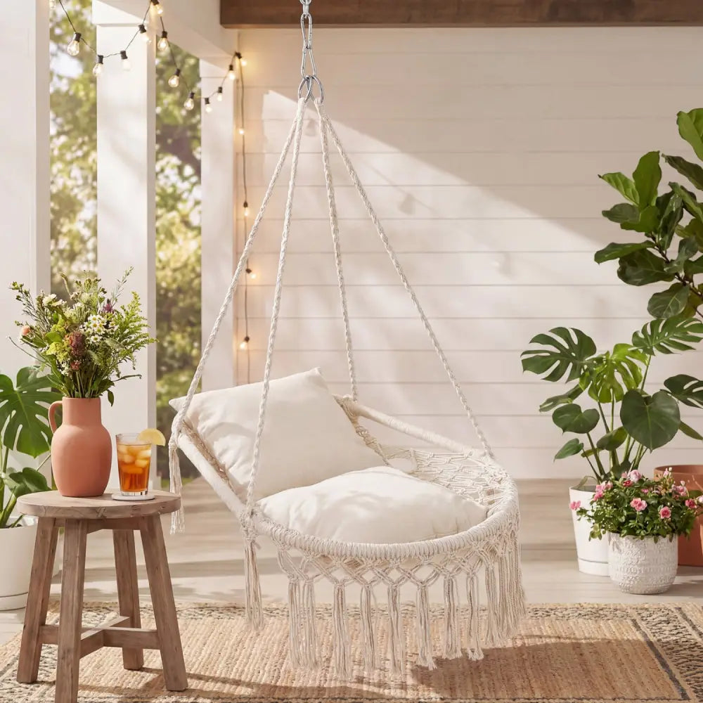Macrame Swing Chair Hammock Chair with 2 Removable Cushions-Beige - Beige - Hammocks