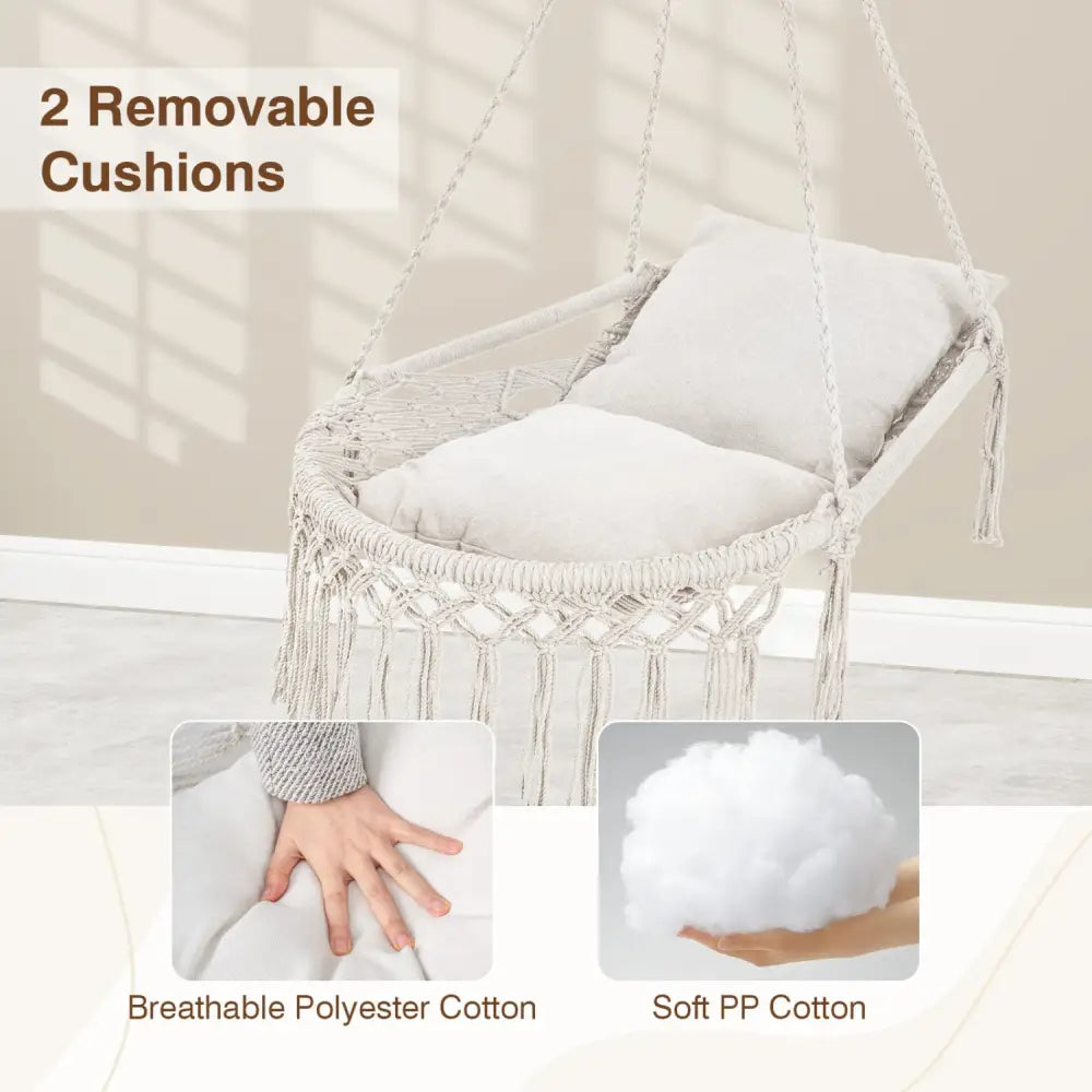 Macrame Swing Chair Hammock Chair with 2 Removable Cushions-Beige - Beige - Hammocks
