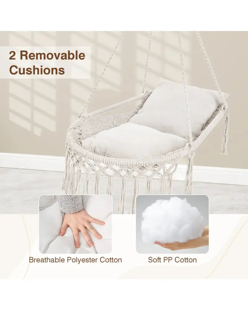 Macrame Swing Chair Hammock Chair with 2 Removable Cushions-Beige - Beige - Hammocks