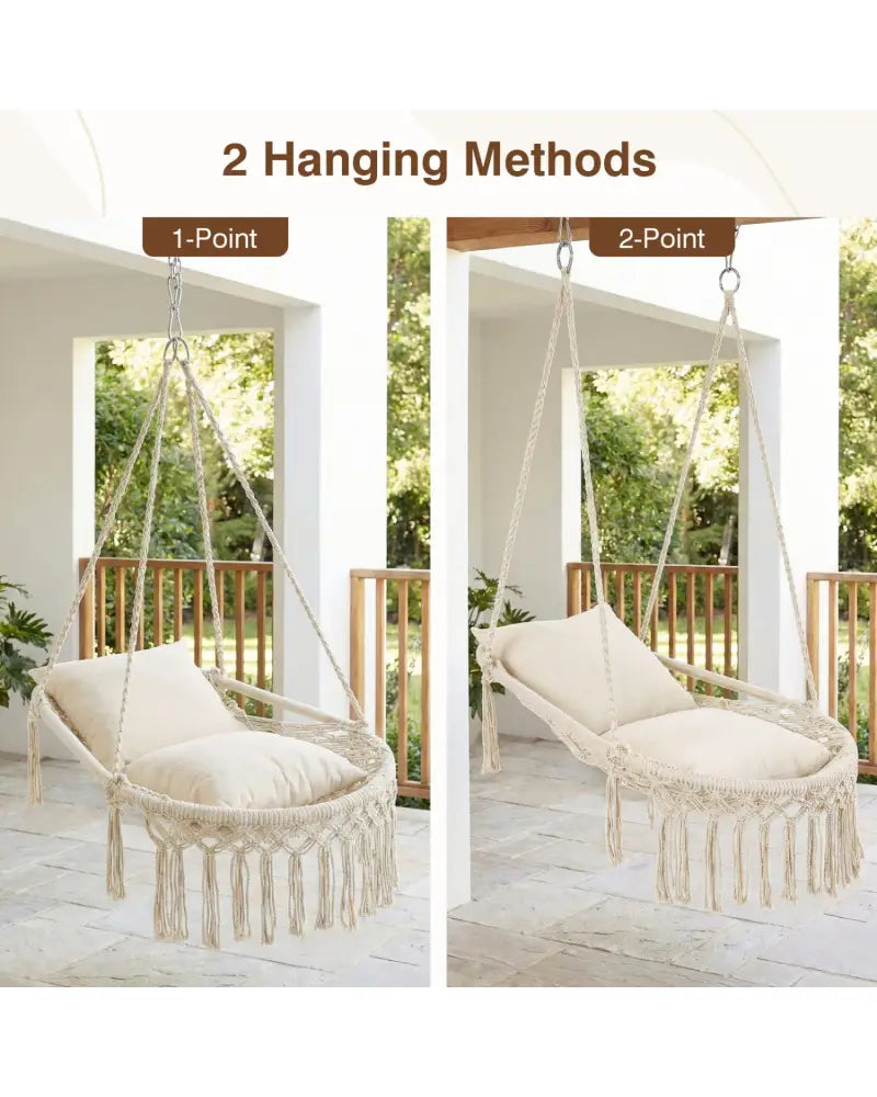 Macrame Swing Chair Hammock Chair with 2 Removable Cushions-Beige - Beige - Hammocks