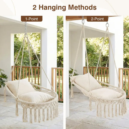 Macrame Swing Chair Hammock Chair with 2 Removable Cushions-Beige - Beige - Hammocks