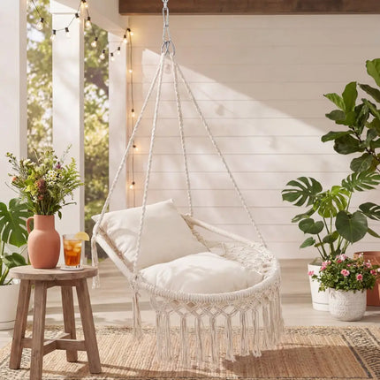 Macrame Swing Chair Hammock Chair with 2 Removable Cushions-Beige - Beige - Hammocks