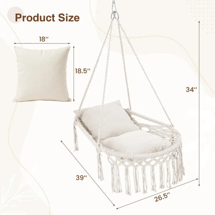 Macrame Swing Chair Hammock Chair with 2 Removable Cushions-Beige - Beige - Hammocks