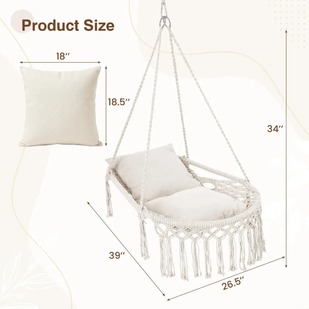 Macrame Swing Chair Hammock Chair with 2 Removable Cushions-Beige - Beige - Hammocks
