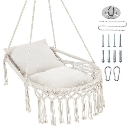 Macrame Swing Chair Hammock Chair with 2 Removable Cushions-Beige - Beige - Hammocks