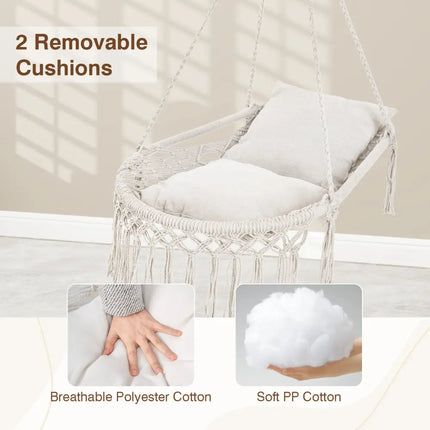 Macrame Swing Chair Hammock Chair with 2 Removable Cushions-Beige - Beige - Hammocks