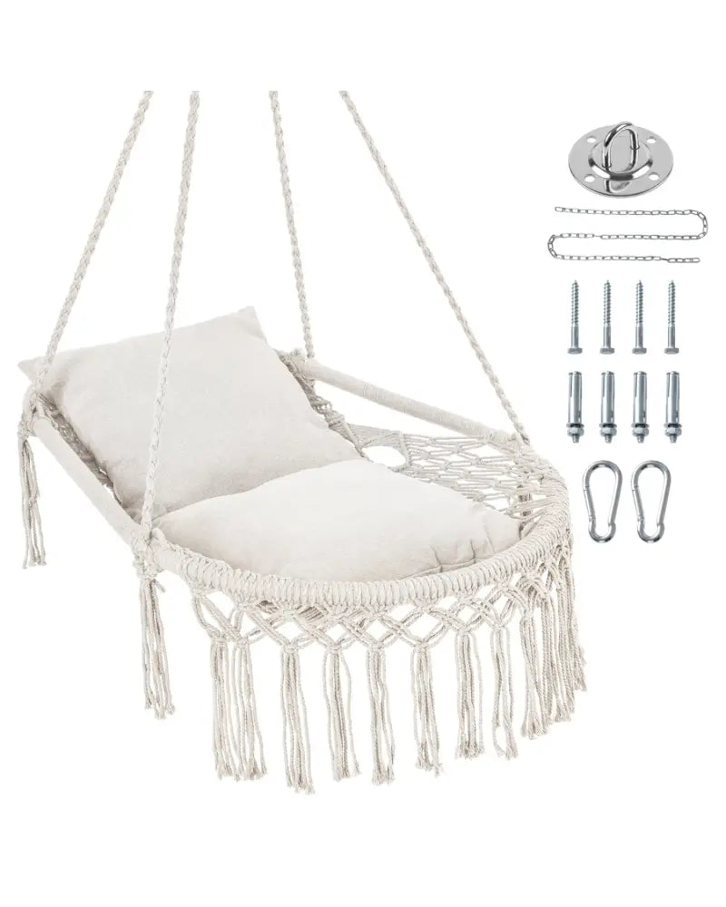 Macrame Swing Chair Hammock Chair with 2 Removable Cushions-Beige - Beige - Hammocks