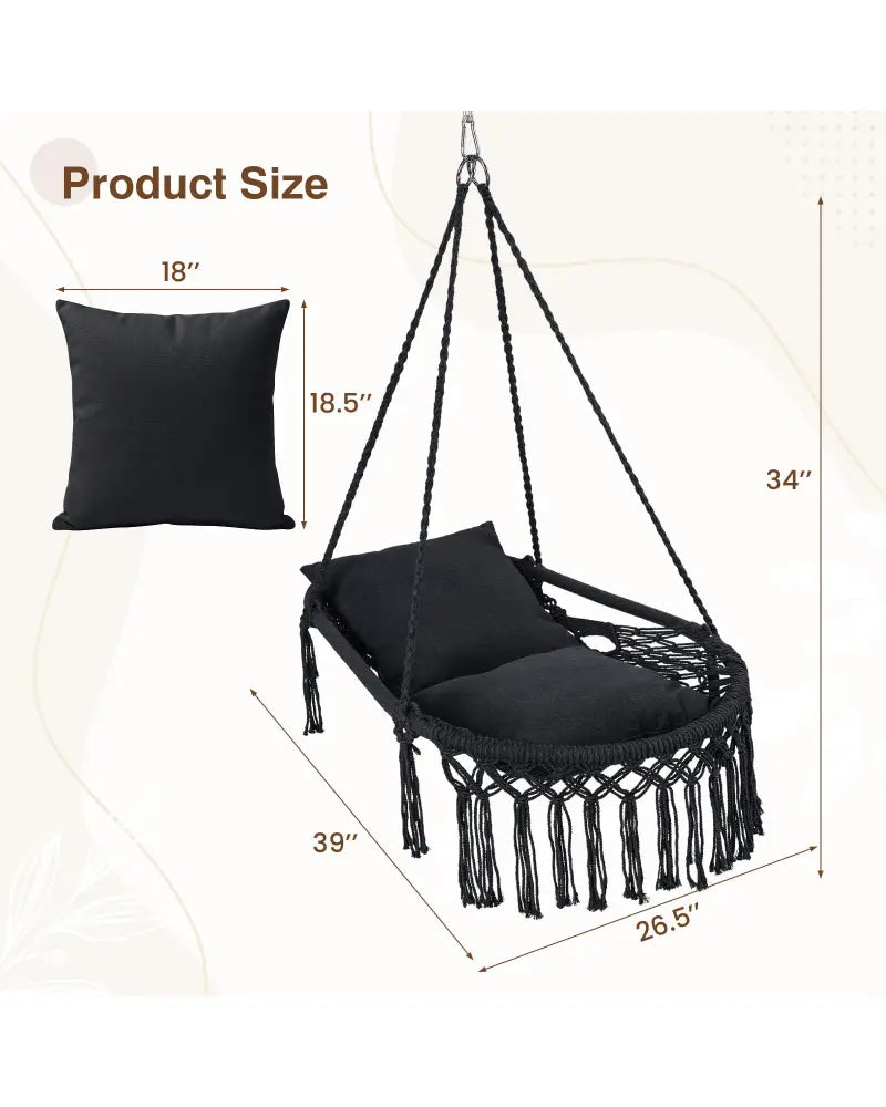 Macrame Swing Chair Hammock Chair with 2 Removable Cushions-Black - Black - Hammocks