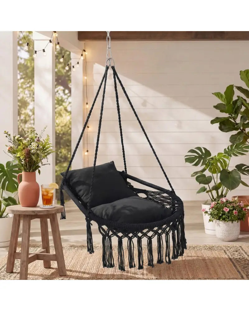 Macrame Swing Chair Hammock Chair with 2 Removable Cushions-Black - Black - Hammocks