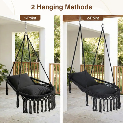 Macrame Swing Chair Hammock Chair with 2 Removable Cushions-Black - Black - Hammocks
