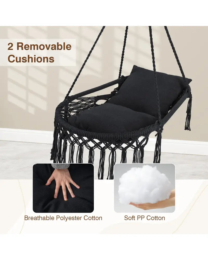 Macrame Swing Chair Hammock Chair with 2 Removable Cushions-Black - Black - Hammocks