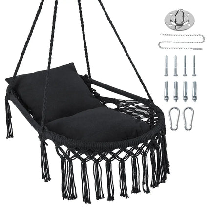 Macrame Swing Chair Hammock Chair with 2 Removable Cushions-Black - Black - Hammocks