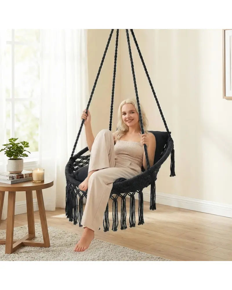Macrame Swing Chair Hammock Chair with 2 Removable Cushions-Black - Black - Hammocks