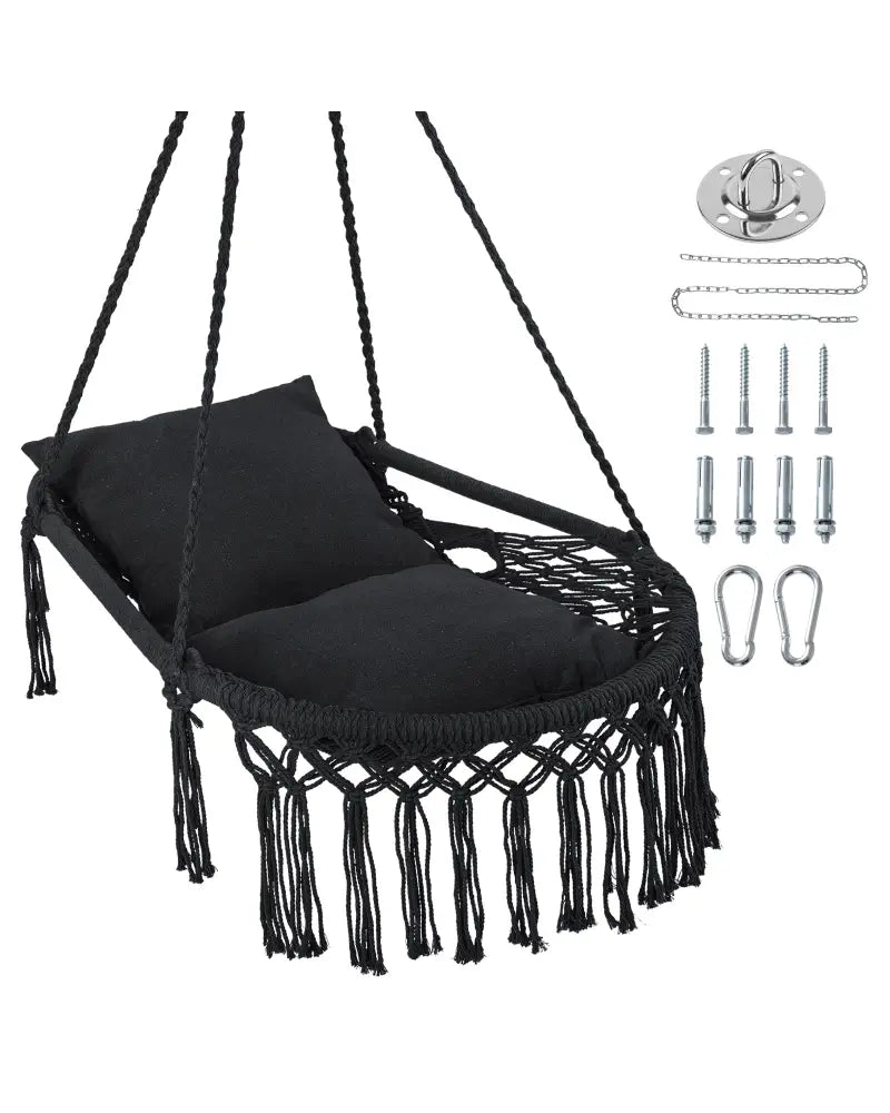 Macrame Swing Chair Hammock Chair with 2 Removable Cushions-Black - Black - Hammocks