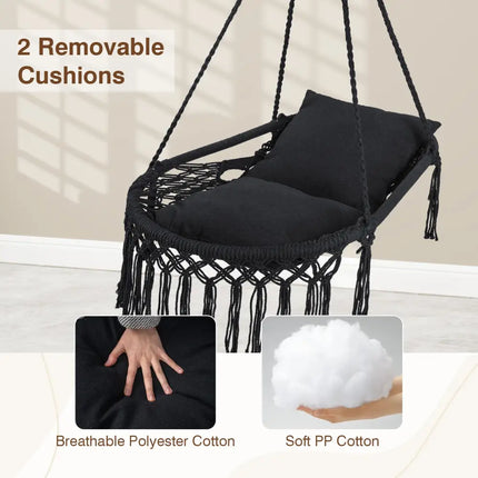 Macrame Swing Chair Hammock Chair with 2 Removable Cushions-Black - Black - Hammocks
