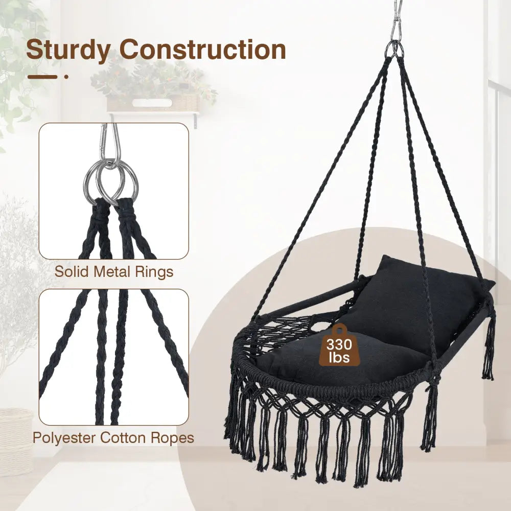 Macrame Swing Chair Hammock Chair with 2 Removable Cushions-Black - Black - Hammocks