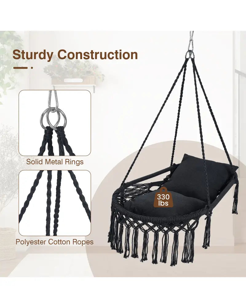 Macrame Swing Chair Hammock Chair with 2 Removable Cushions-Black - Black - Hammocks