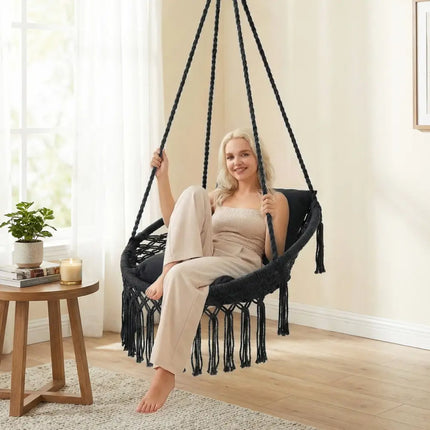 Macrame Swing Chair Hammock Chair with 2 Removable Cushions-Black - Black - Hammocks
