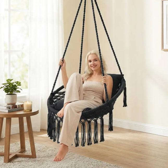 Macrame Swing Chair Hammock Chair with 2 Removable Cushions-Black - Black - Hammocks