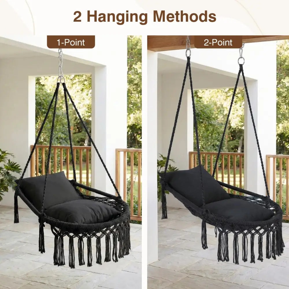 Macrame Swing Chair Hammock Chair with 2 Removable Cushions-Black - Black - Hammocks