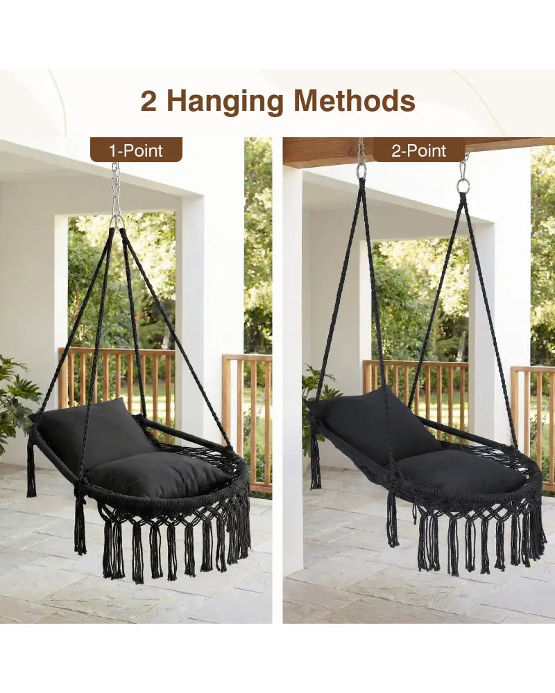 Macrame Swing Chair Hammock Chair with 2 Removable Cushions-Black - Black - Hammocks