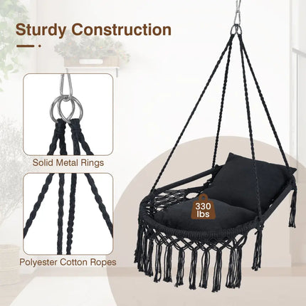 Macrame Swing Chair Hammock Chair with 2 Removable Cushions-Black - Black - Hammocks