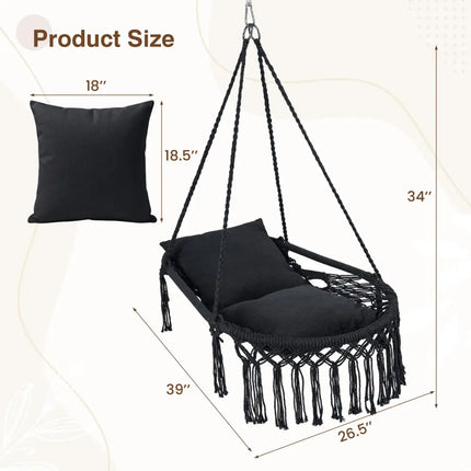 Macrame Swing Chair Hammock Chair with 2 Removable Cushions-Black - Black - Hammocks