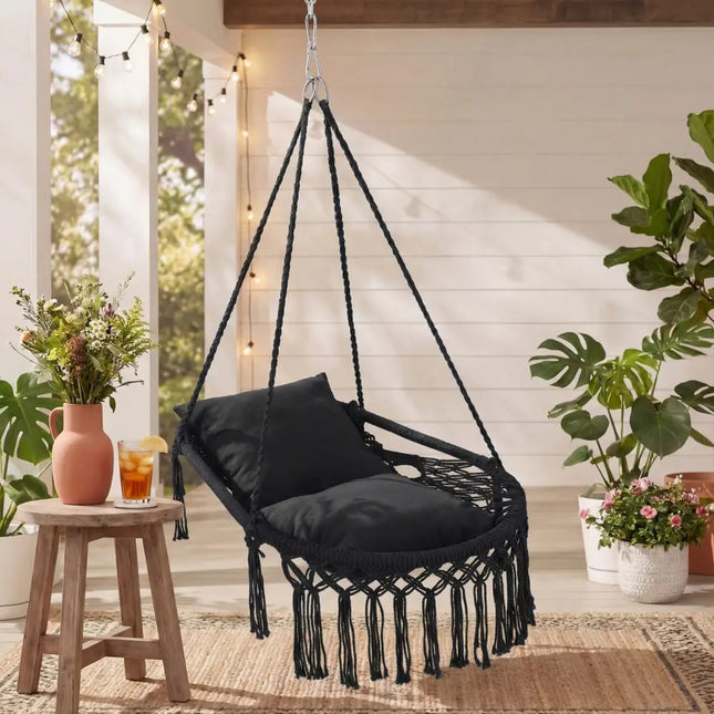 Macrame Swing Chair Hammock Chair with 2 Removable Cushions-Black - Black - Hammocks