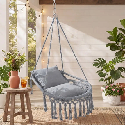 Macrame Swing Chair Hammock Chair with 2 Removable Cushions-Grey - Gray - Hammocks