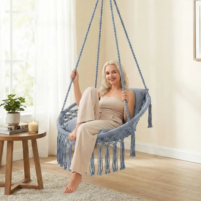 Macrame Swing Chair Hammock Chair with 2 Removable Cushions-Grey - Gray - Hammocks