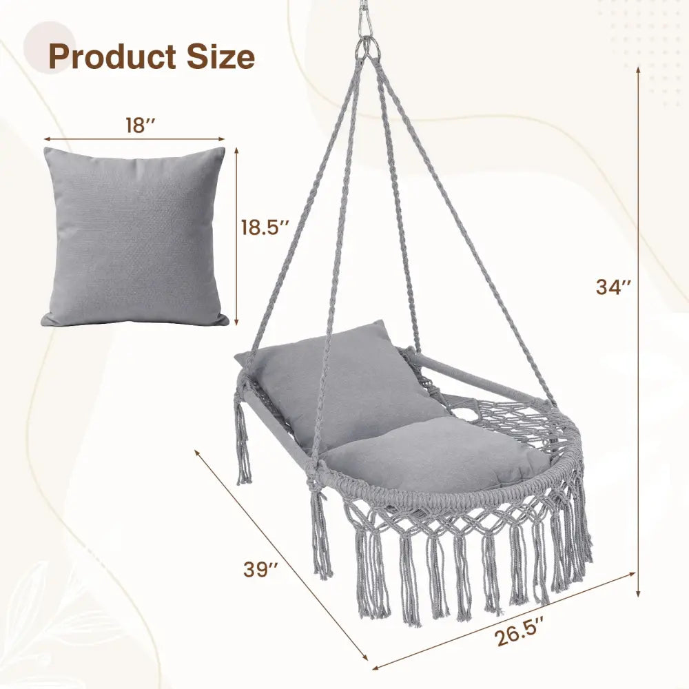 Macrame Swing Chair Hammock Chair with 2 Removable Cushions-Grey - Gray - Hammocks