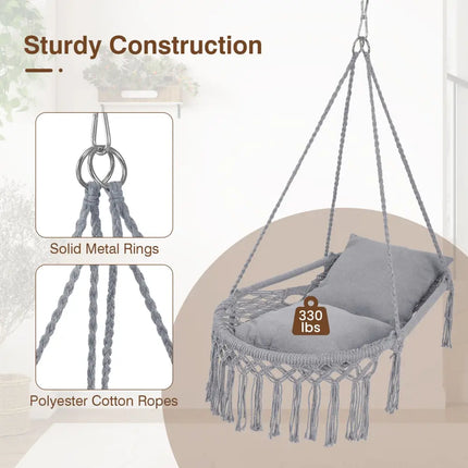 Macrame Swing Chair Hammock Chair with 2 Removable Cushions-Grey - Gray - Hammocks