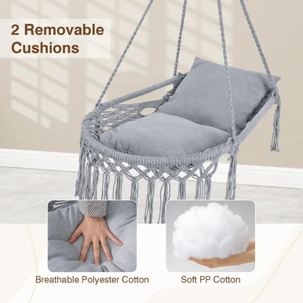 Macrame Swing Chair Hammock Chair with 2 Removable Cushions-Grey - Gray - Hammocks