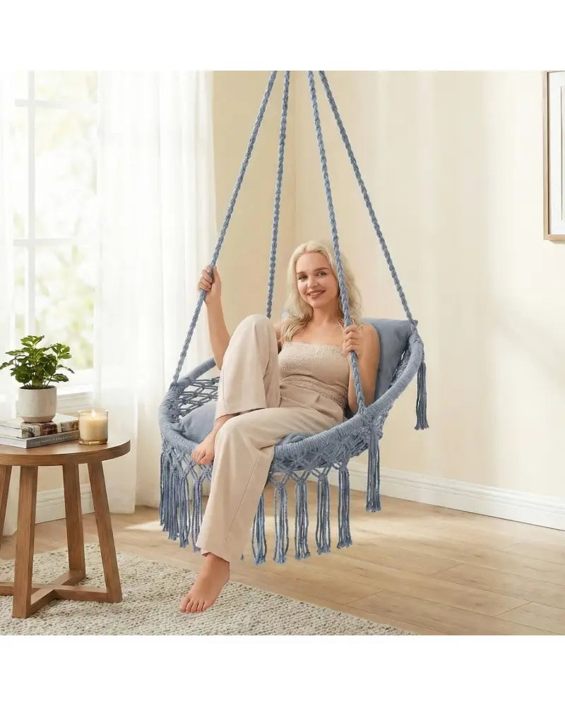 Macrame Swing Chair Hammock Chair with 2 Removable Cushions-Grey - Gray - Hammocks